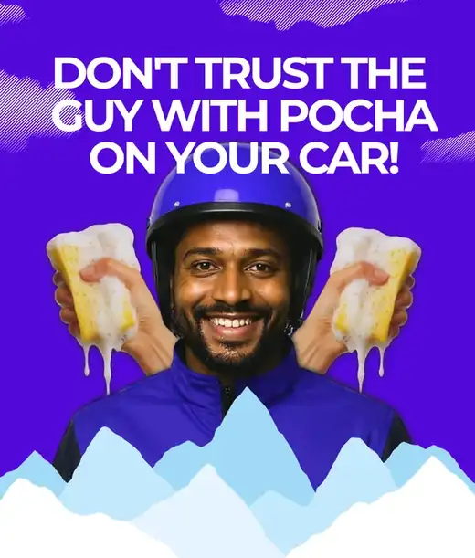 Poster: Don't trust the guy with pocha on your car! A smiling Washing Daddy washer in a helmet, holding two soapy sponges